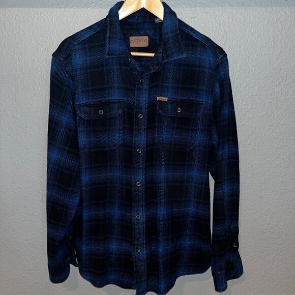 ORVIS Heavy Flannel Button Down Shirt Shacket - Black & Blue Plaid - EUC - LARGE - Picture 1 of 9